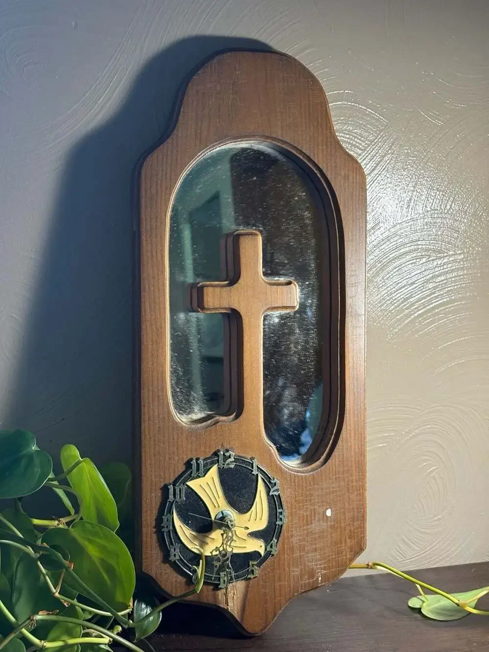 Vintage Handcrafted Wooden Wall Clock with Cross Mirror and Dove Motif